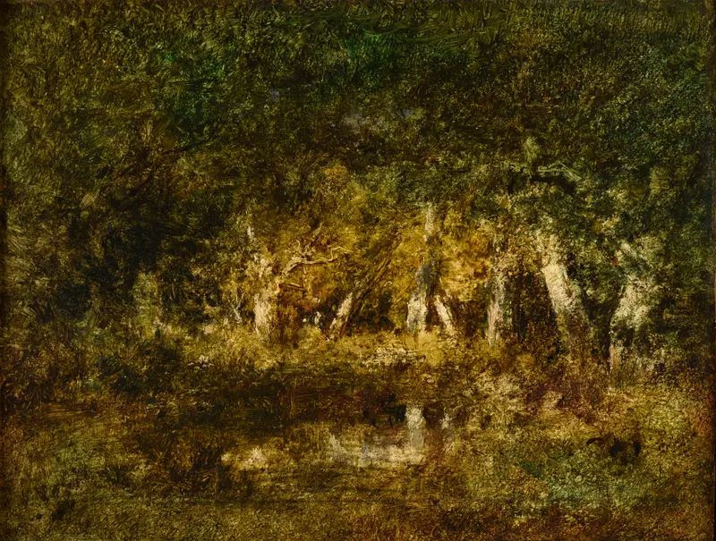 Oil painting by Narcisse-Virgile Diaz de La Peña depicting a tranquil forest scene.