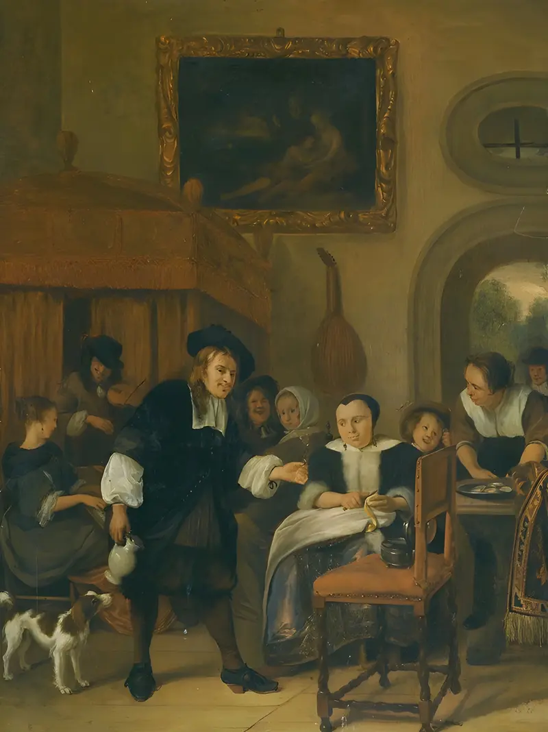 A lively interior scene depicting a gentleman offering wine to a lady with musicians and townsfolk.