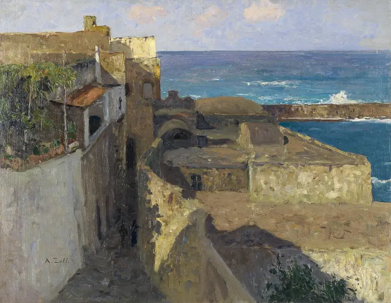 Enge Gasse in Forio by Alfred Zoff, oil on canvas depicting a narrow street with soft light