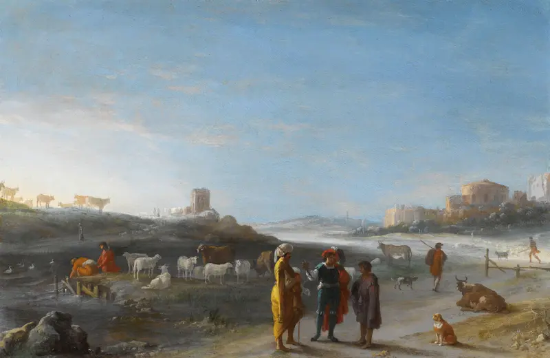 An Italianate landscape with rolling hills by Cornelis van Poelenburch, oil painting.