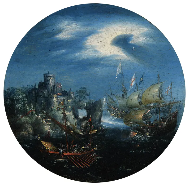 A stormy maritime scene with ships battling beneath a swirling sky and a fortress on a rocky shore.