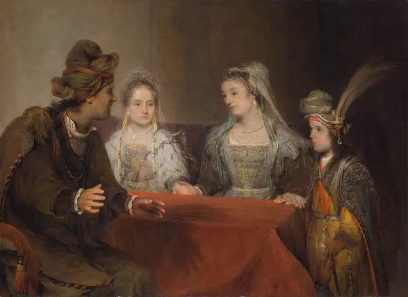 Four figures gathered around a table, engaged in a moment of solemn transition.