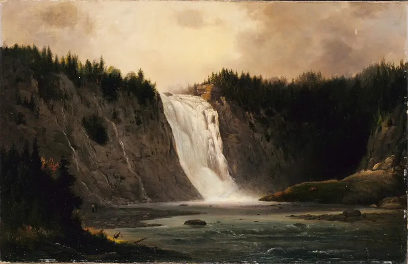Waterfall on Mont-Morency by Robert S. Duncanson, oil painting depicting a waterfall and lush greenery.