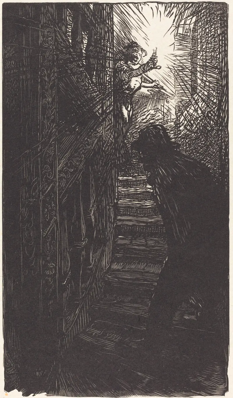 A candle illuminates a dark Parisian staircase, revealing ornate banister details and a figure searching above.