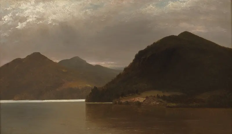 Lake George by John Frederick Kensett, oil on canvas depicting tranquil waters and mountains.