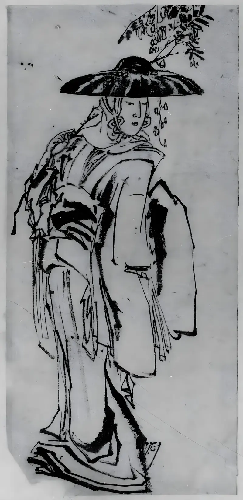 A young woman stands beneath a cascade of wisteria, embodying the Wisteria Maid from a kabuki dance.