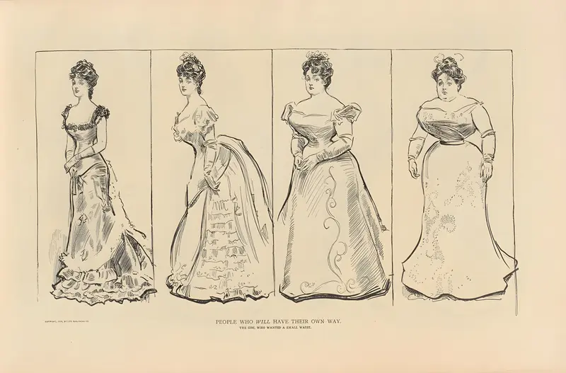 A young woman lacing her corset in front of a mirror, surrounded by older relatives.