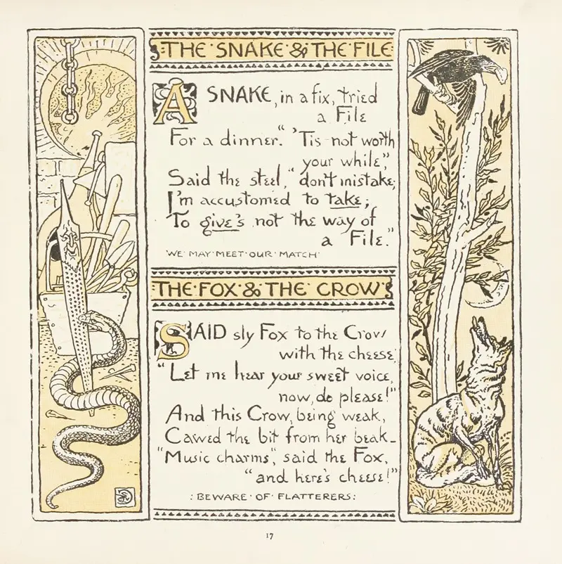 Walter Crane's painting depicts a fable with a snake, file, fox, and crow.
