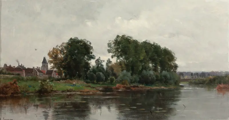 Landscape oil painting by Adrien Jacques Sauzay depicting a village by a river