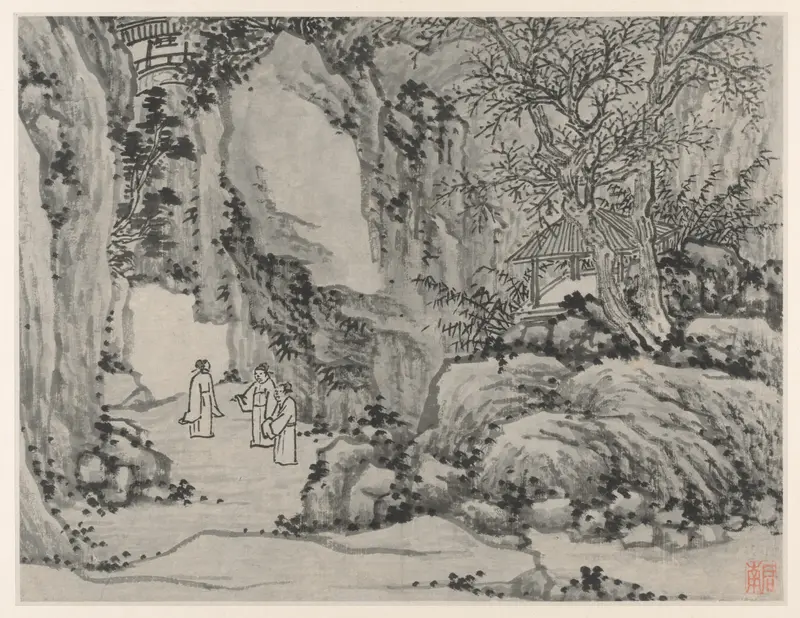The Sword Spring, Tiger Hill by Shen Zhou, ink on paper depicting a misty mountain landscape.