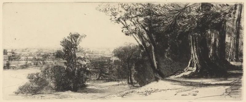 Engraving by Francis Seymour Haden depicting a lark perched on a branch at dawn