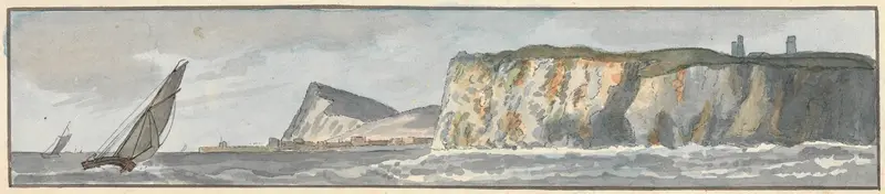 Landscape oil painting by John Thomas Serres depicting cliffs and sea under a soft sky.