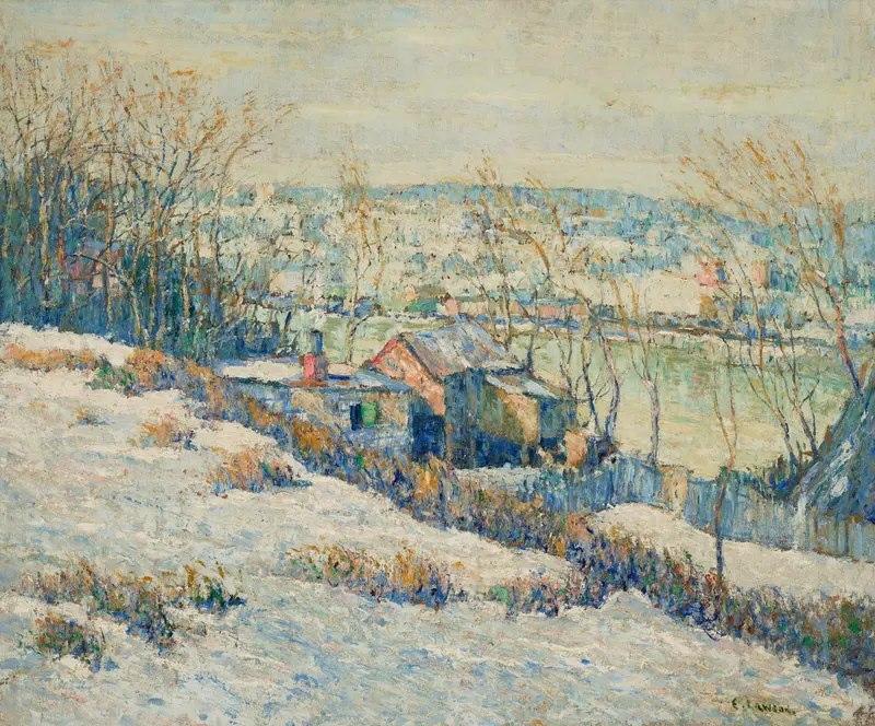 Upper Harlem River—Winter by Ernest Lawson, oil painting of a snowy river landscape.