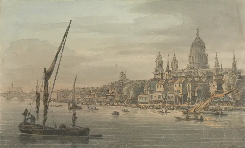 Oil painting by William Marlow depicting St. Paul's Cathedral at sunset
