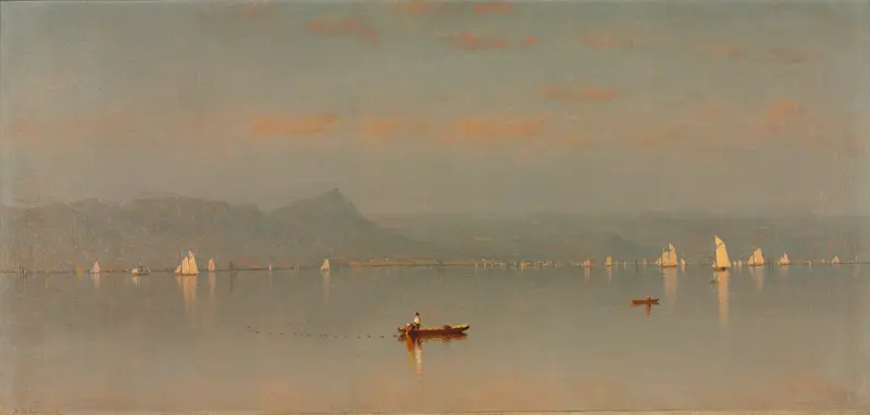 Haverstraw Bay oil painting by Sanford Robinson Gifford depicting a tranquil river scene