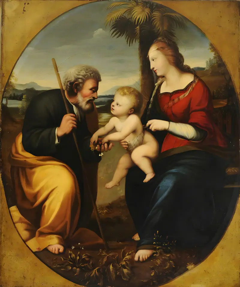 The Virgin Mary seated under a palm tree, cradling the Christ Child in her lap.