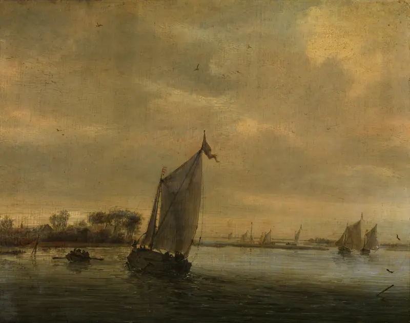 Calm Water by Salomon van Ruysdael, oil painting depicting tranquil water and sky reflections.