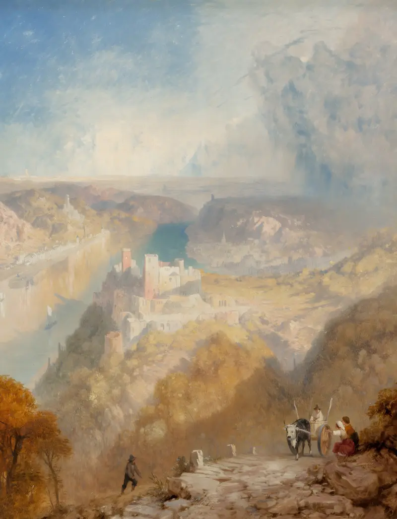 The Castle of Rheinstein by James Baker Pyne, oil on canvas, depicting a castle by the Rhine river under a hazy sky.