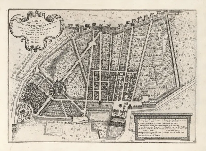 Botanical scene with gardens and plants by Giovanni Battista Falda, 17th century
