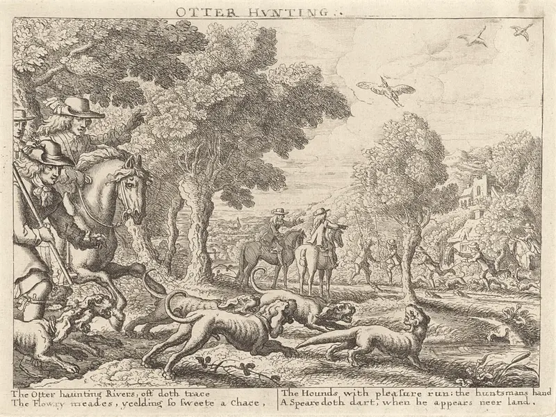 Otterjacht etching by Richard Gaywood depicting an otter in swirling waters