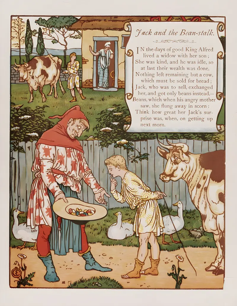 This painting illustrates the story of Jack and the Beanstalk with vibrant colors and whimsical figures.