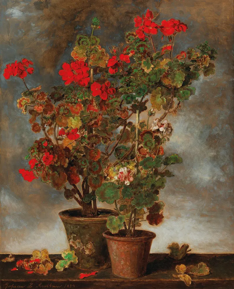 A vibrant still life painting featuring geraniums by Johann Baptist Reiter.