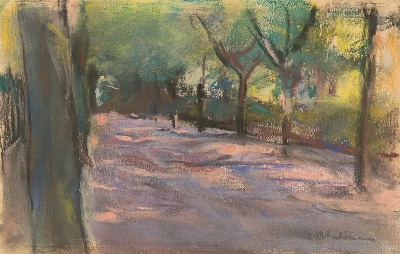 Impressionist landscape by Max Liebermann, depicting trees and sunlight in Die Colomierstraße in Wannsee