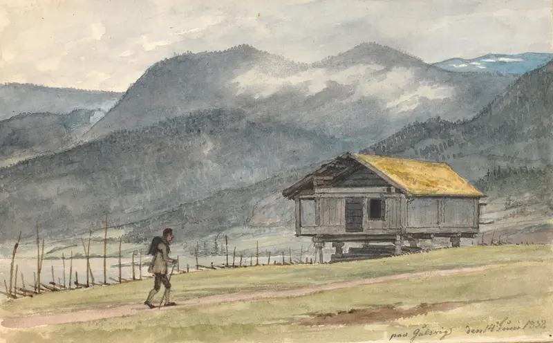 Fjeldlandskab med hytte og vandrer by Martinus Rørbye, oil painting of a mountain landscape with a cabin and hiker.