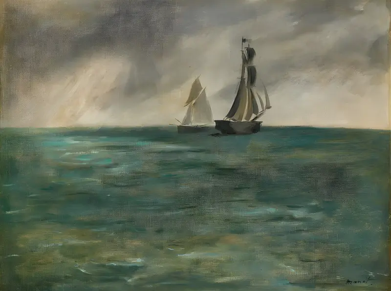 Édouard Manet's painting 'Sailing Ships at Sea' depicts ships navigating choppy waters under a dramatic sky.