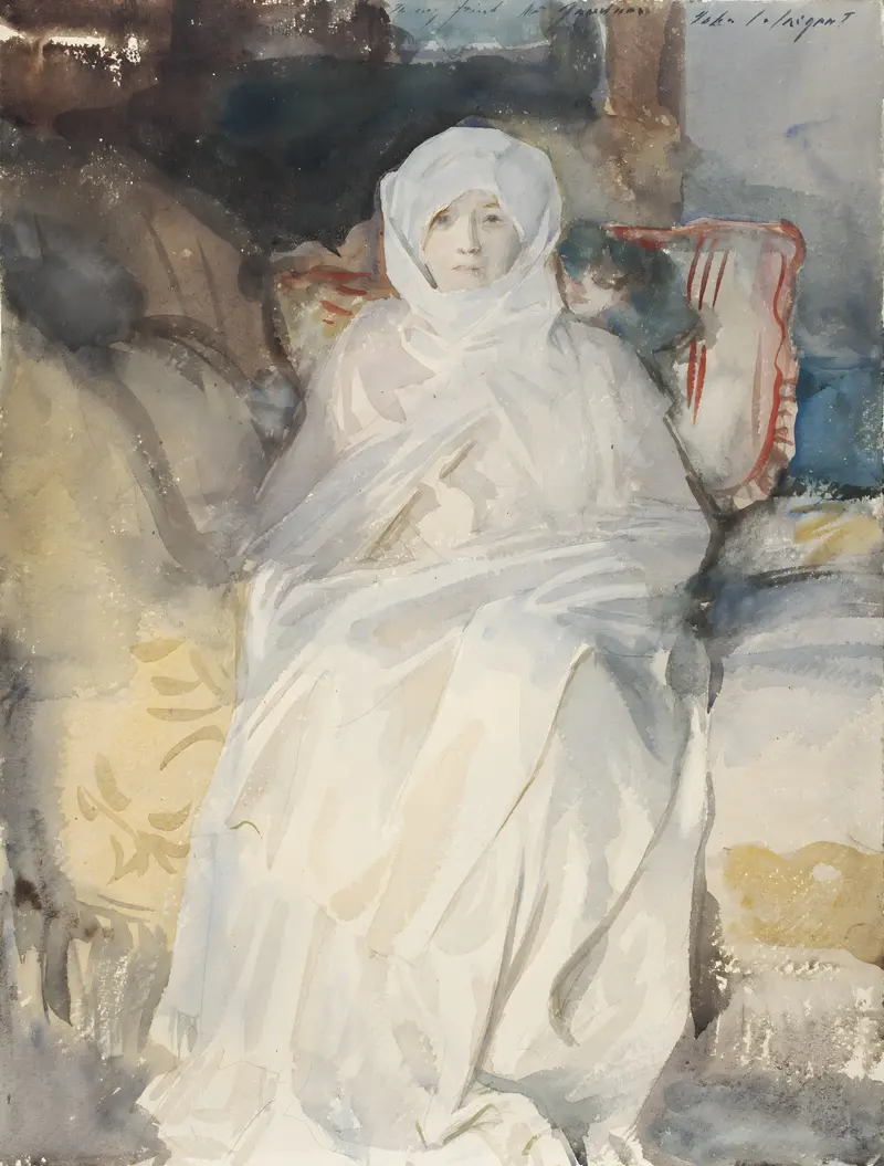 A woman wrapped in flowing white fabric sits with only her face exposed, against a background with a red-striped cushion and soft washes of color.