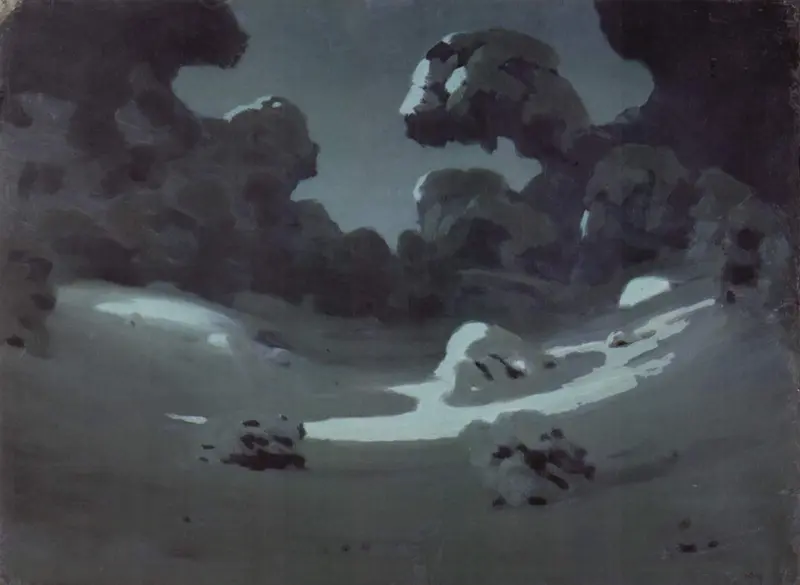 A serene winter forest illuminated by pale moonlight, with shadowy trees surrounding a clearing.