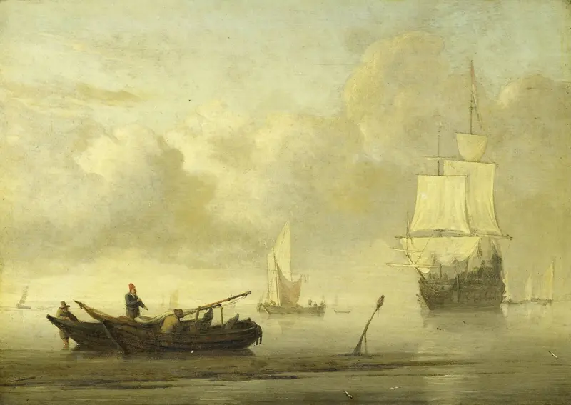 Ships near the coast during a calm, oil painting by Willem van de Velde the Younger