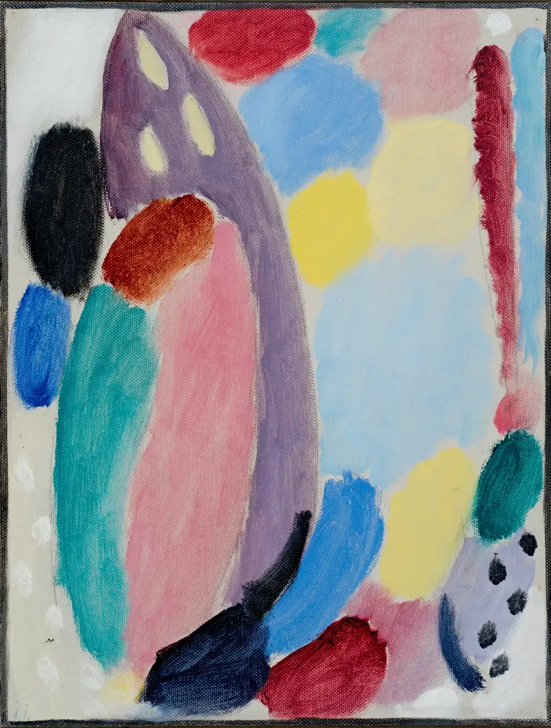 A vibrant abstract composition featuring a lavender arc and pale ovals amidst daubs of crimson, turquoise, and yellow.