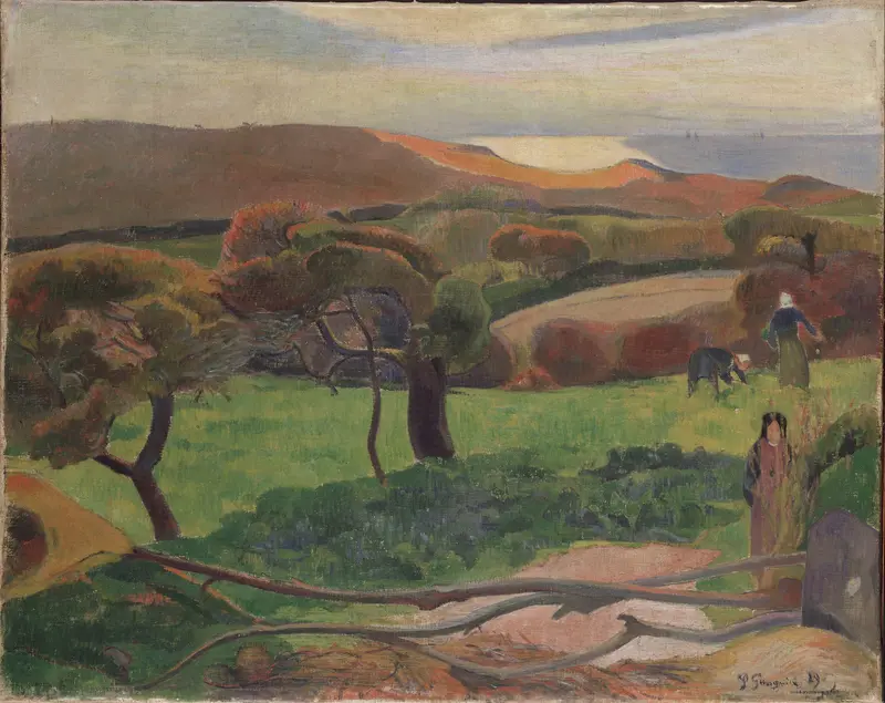 Landscape with fields and sea, oil on canvas by Paul Gauguin