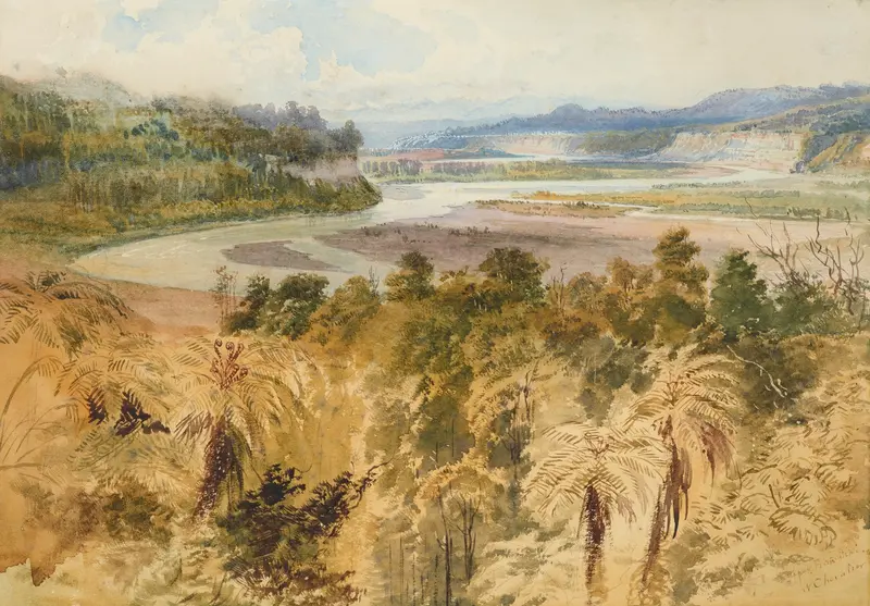 The Upper Rangitikei, oil on canvas by Nicholas Chevalier, depicting mountains and a river.