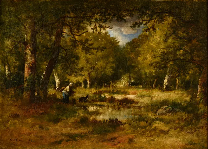 oil painting by Narcisse-Virgile Diaz de La Peña depicting a tranquil woodland scene