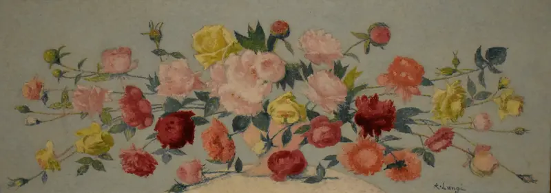 A vibrant bouquet of roses in soft pinks, yellows, and reds, set against a cool background.