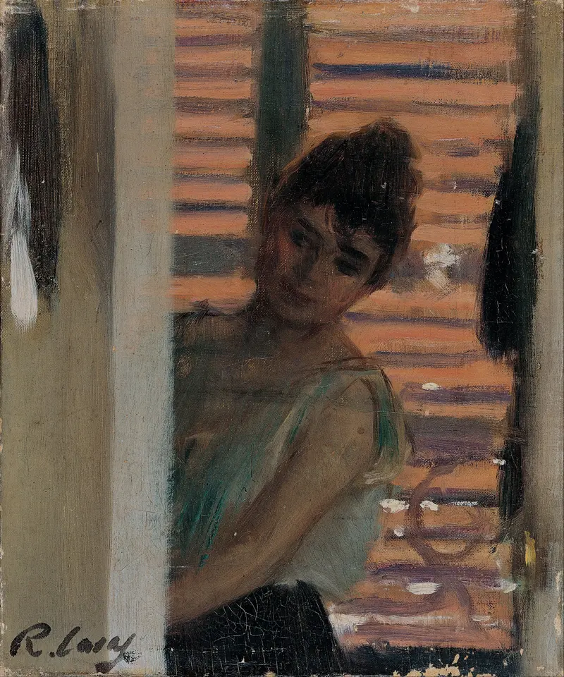 A portrait of a woman leaning against a blind.