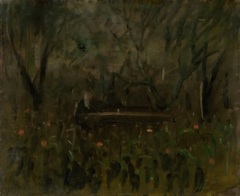 Genre scene depicting friends at a table in a garden by Ladislav Mednyánszky, oil painting
