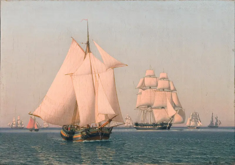Oil painting by Christoffer Wilhelm Eckersberg depicting sailboats on a calm sea.