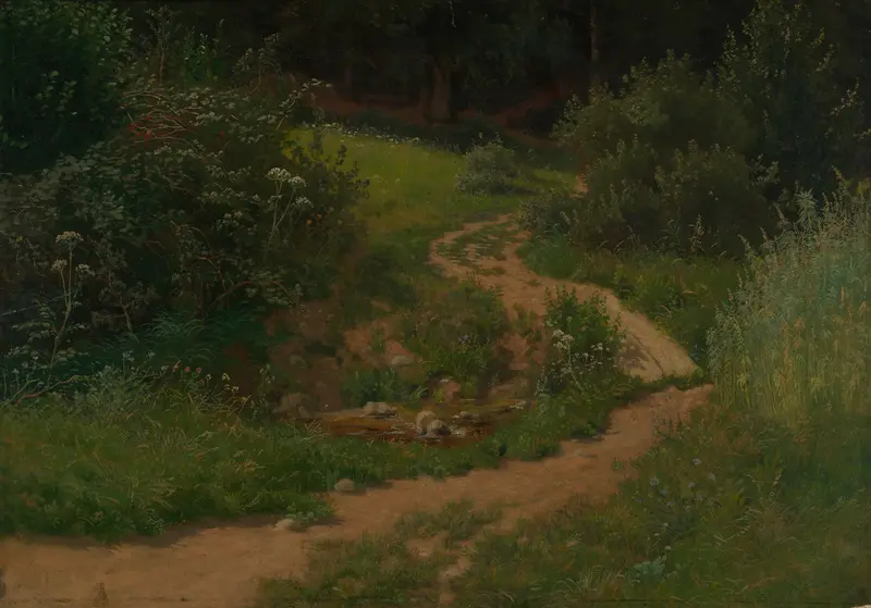 Landscape featuring a forest path and water pool, oil painting by Emil Lugo