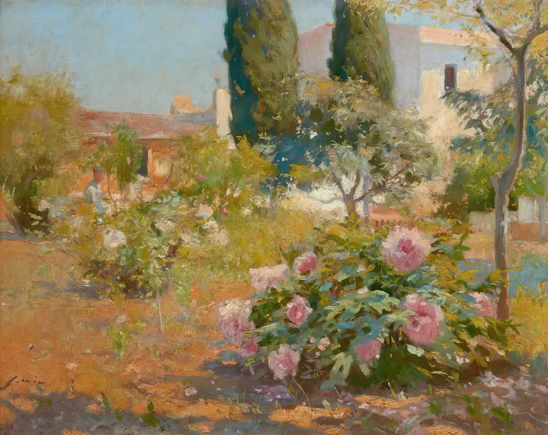 Oil painting by Joaquin Mir Trinxet depicting a vibrant garden with colorful flowers