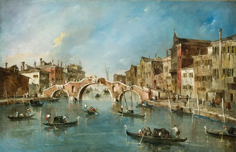 Rococo landscape of Cannaregio Canal in Venice by Francesco Guardi, oil painting