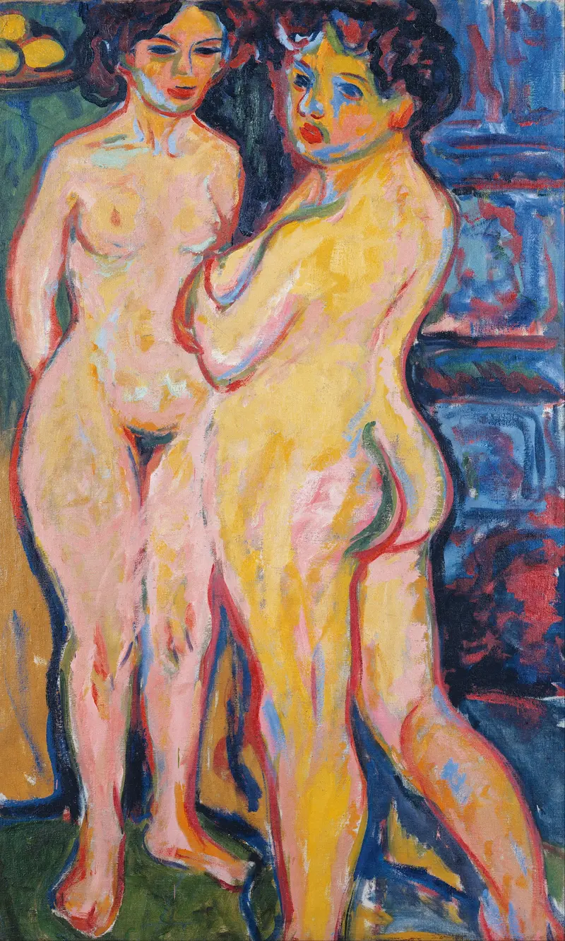 Two nude girls stand near an oven, one facing forward and the other turned inward, with vibrant colors and dynamic brushwork.