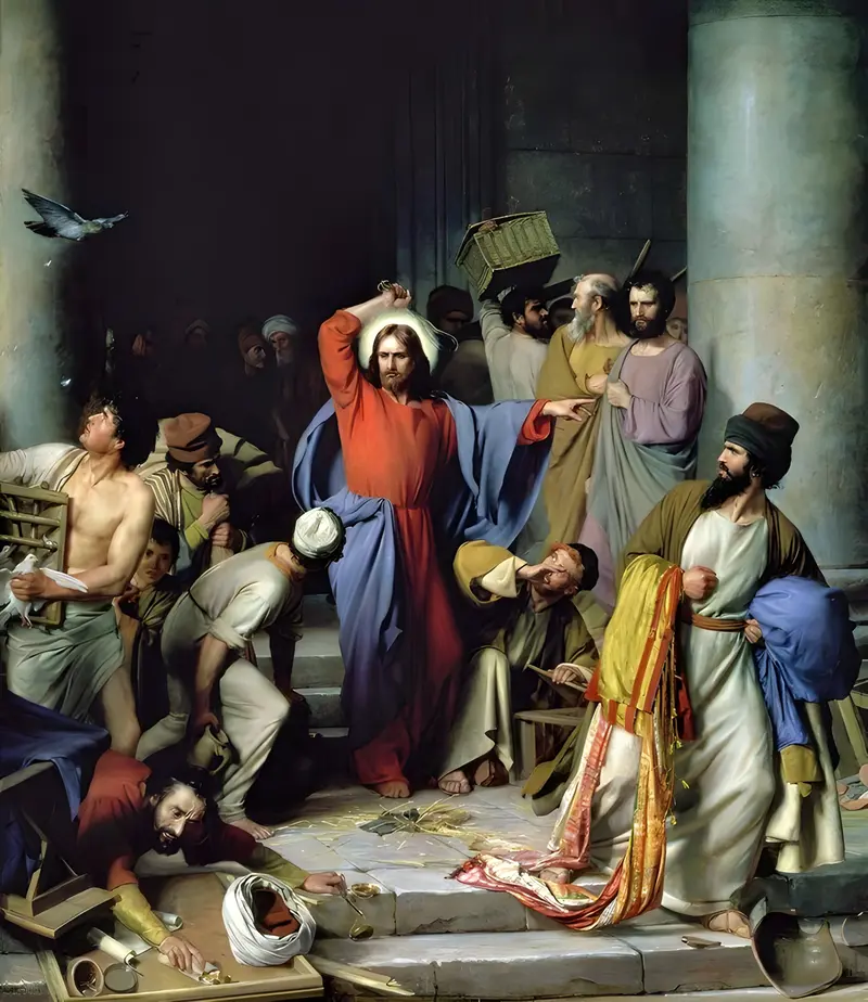 Carl Bloch's 'Casting out the Money Changers' depicts a dramatic biblical scene.