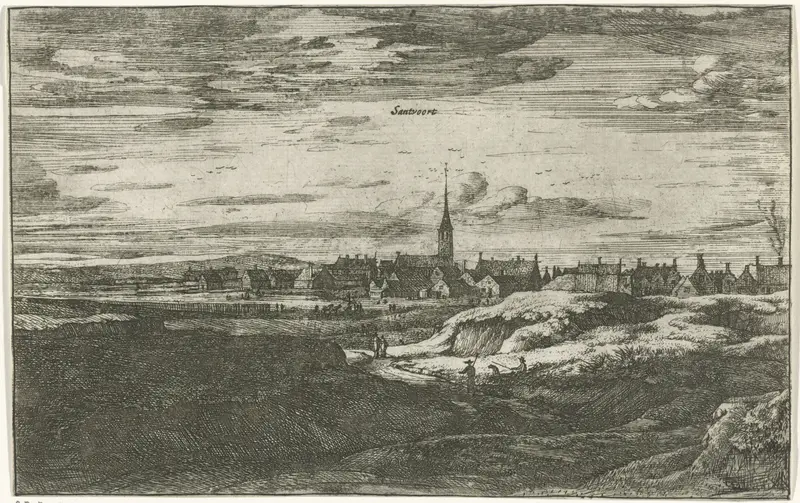 Etching by Roelant Roghman depicting a landscape with waves and a sunset.