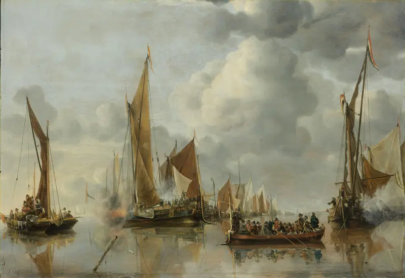 Marine scene with ships and water by Jan van de Cappelle, oil painting