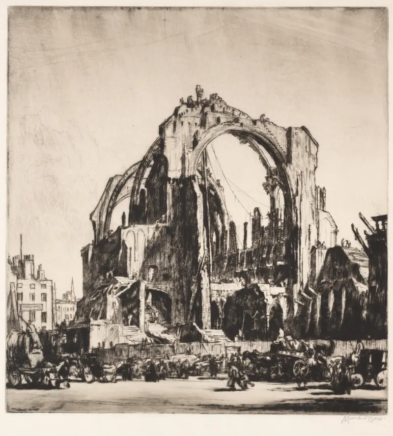 Demolition of St. James Hall, Exterior by Muirhead Bone, ink on paper