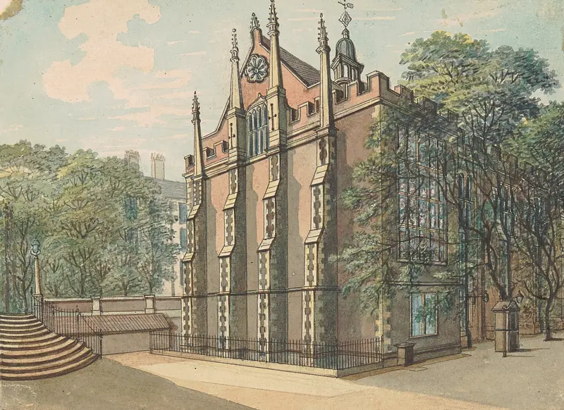 Southwest View of Middle Temple by Samuel Ireland, oil on canvas depicting architecture at sunset.