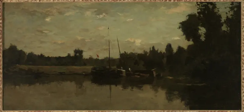 Landschap met schepen op een rivier in de avond, oil on canvas by Charles François Daubigny
